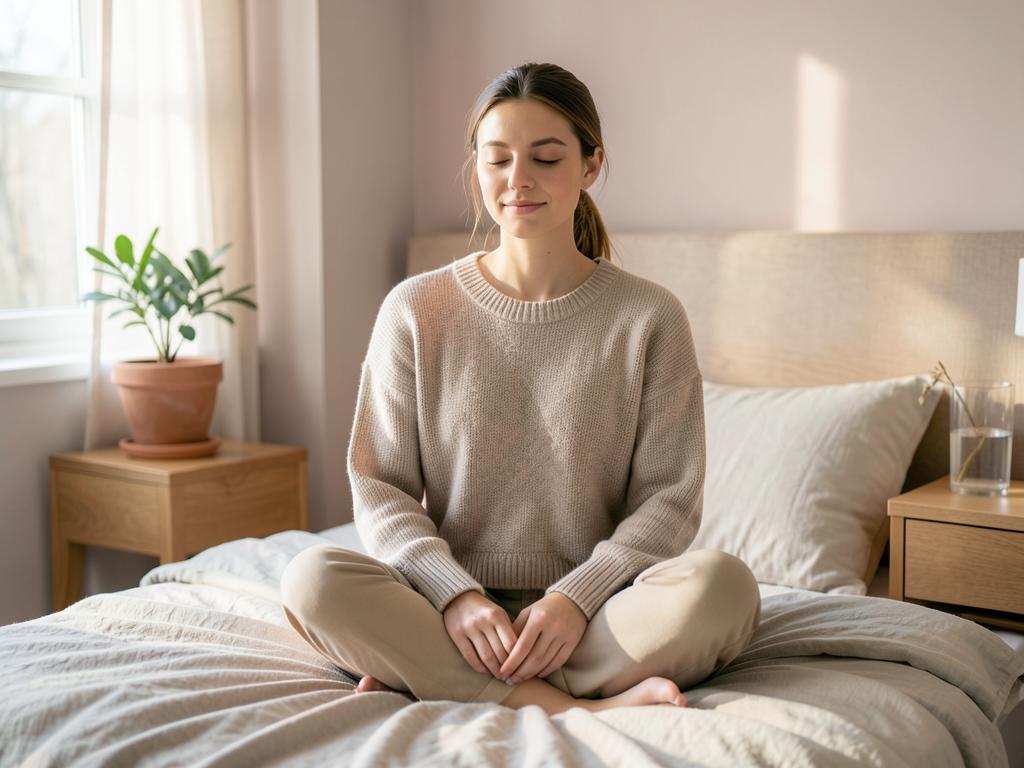 Woman sitting cross-legged on a bed in soft morning light, hands resting calmly in her lap during a quiet moment of rest