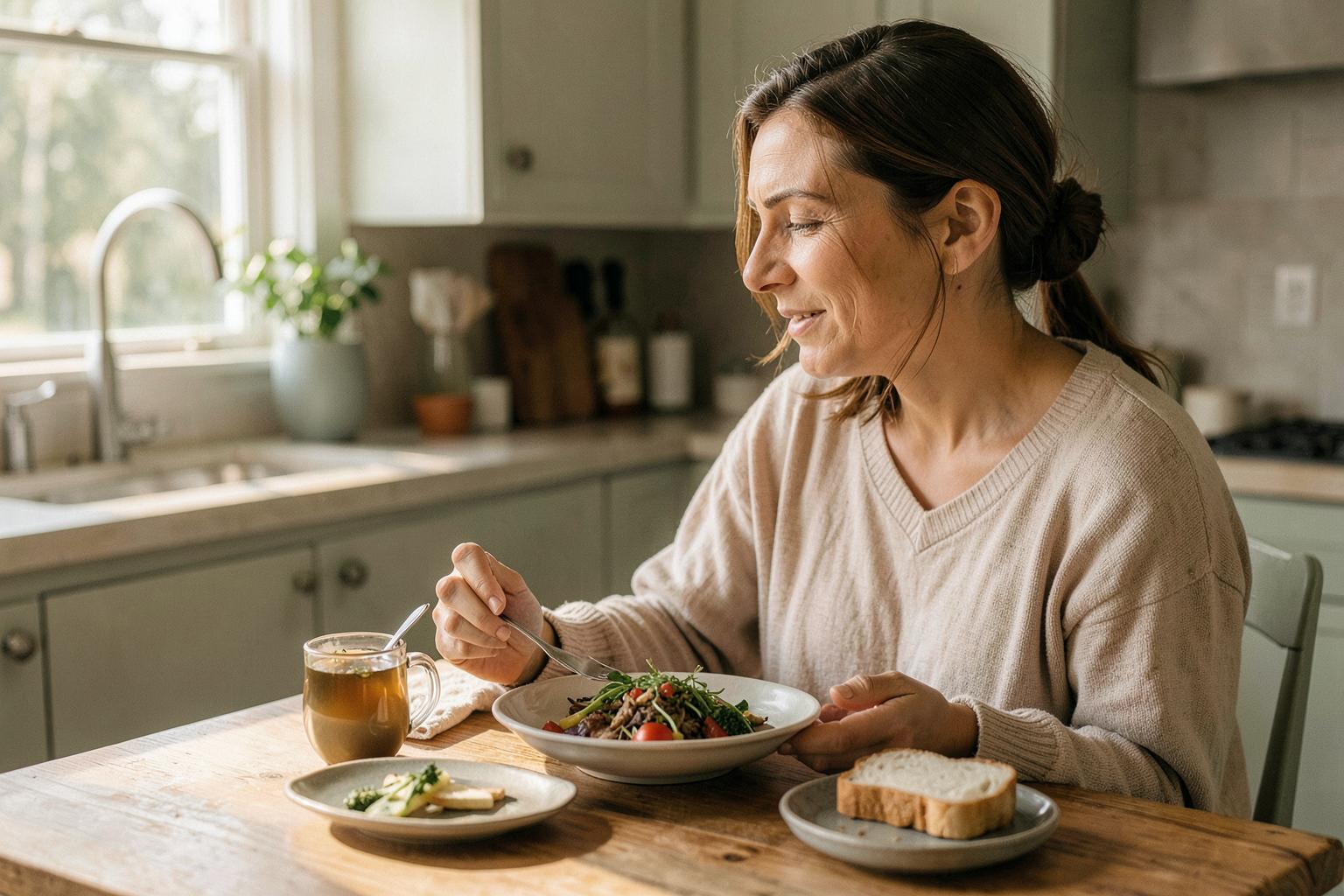 Woman enjoying a slow, mindful meal with herbal tea at a sunlit kitchen table