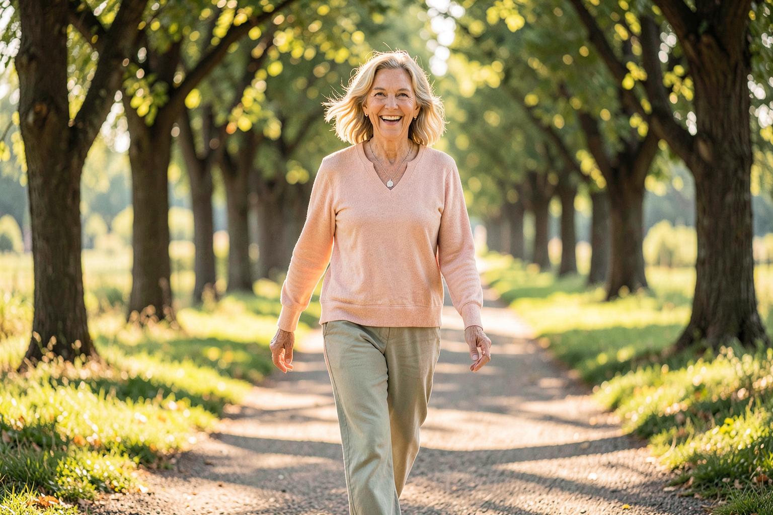 Joyful mature woman walking along a sunny tree-lined path