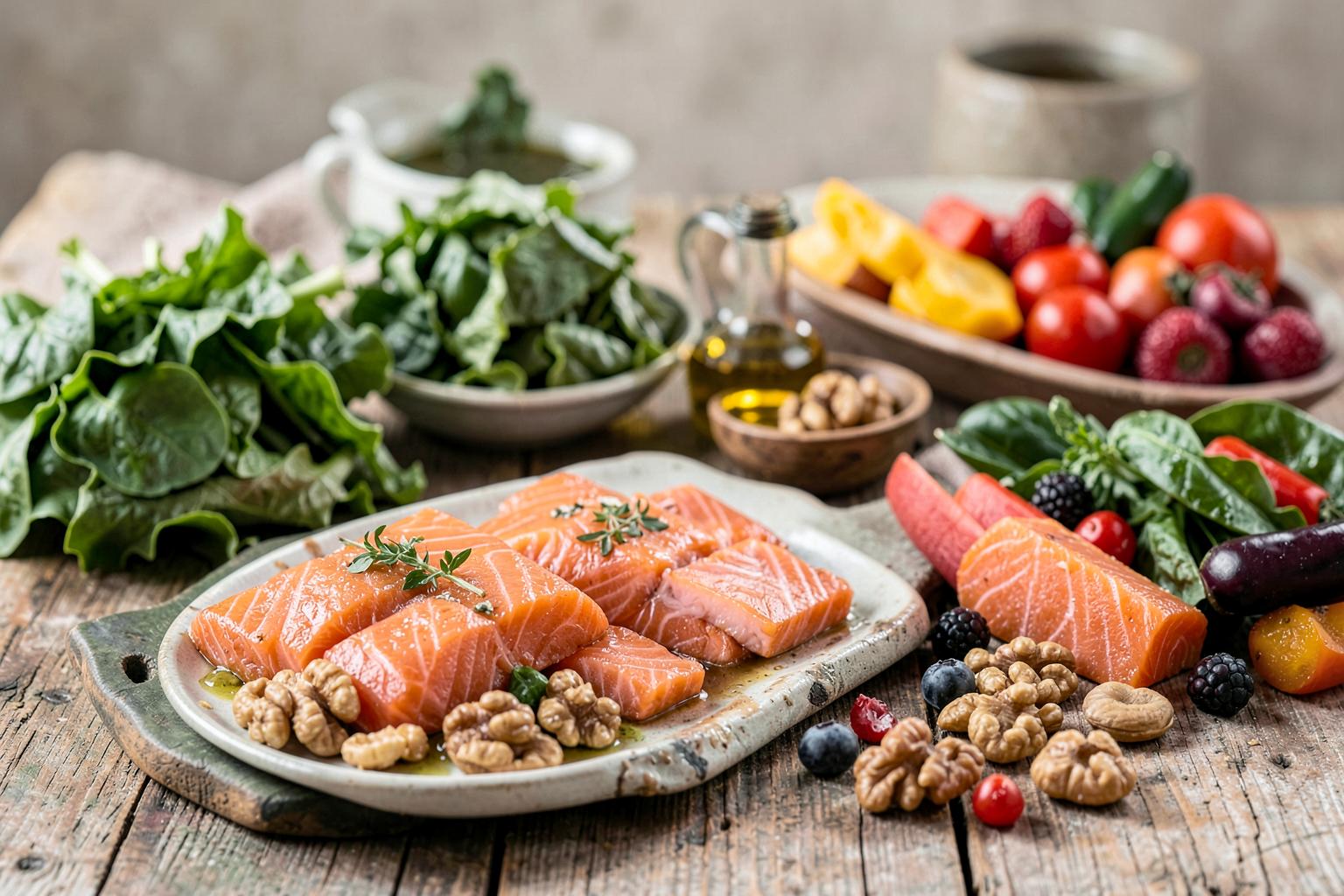 Fresh salmon, leafy greens, olive oil, nuts and colorful vegetables on a rustic wooden table
