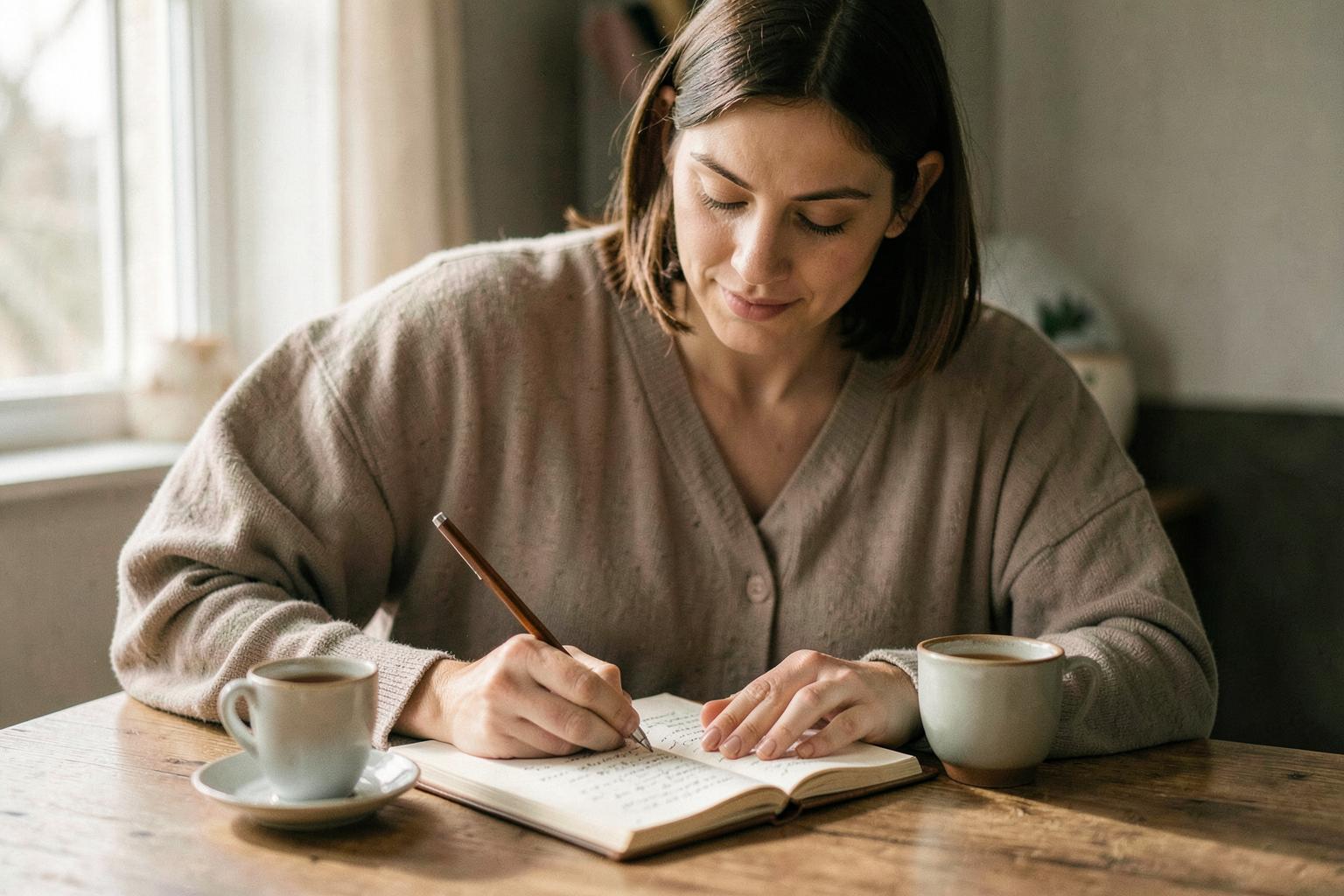 Woman journaling peacefully at a wooden desk with tea in soft window light