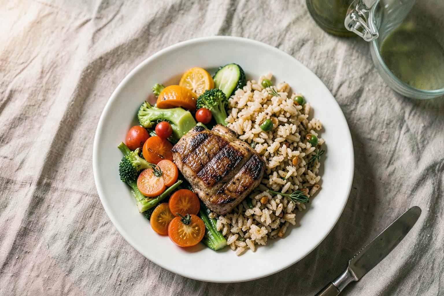 Overhead view of a balanced plate with colorful vegetables, grilled protein and whole grains on a linen tablecloth