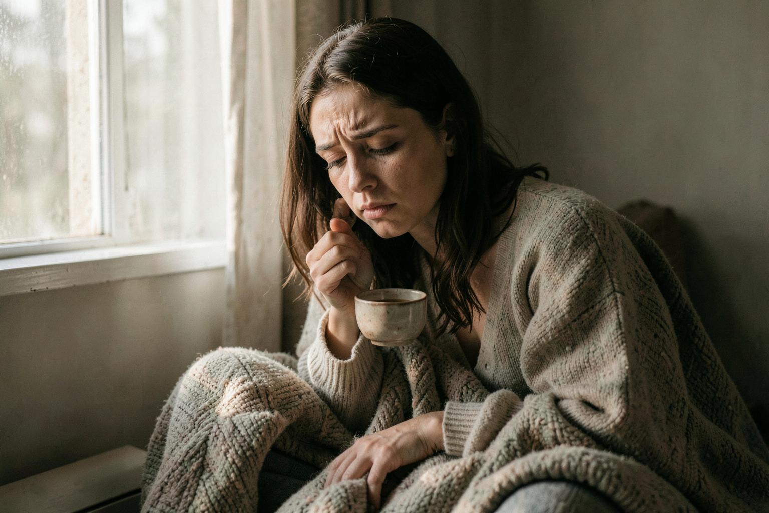 Tired woman wrapped in a cozy blanket holding a warm cup by a softly lit window