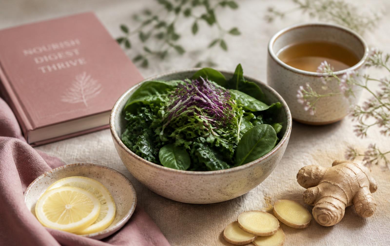 Bowl of leafy greens with ginger, lemon and herbal tea on a linen cloth