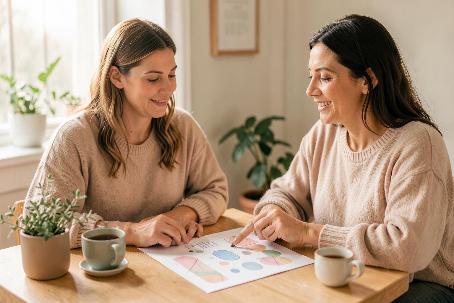 Two women reviewing a colorful wellness report together over tea at a bright table