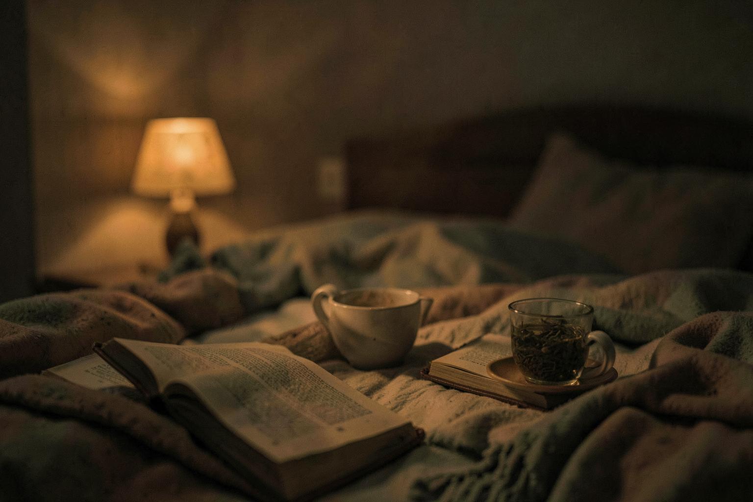 Cozy bed with an open book and herbal tea in warm dim lamplight